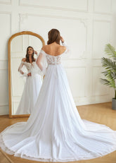 Josephine | Off the Shoulder Long Puff Sleeve Lace Tulle Wedding Dress with Court Train and Applique - White - PromDressClub